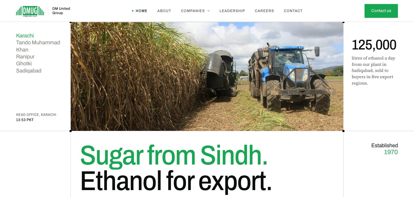 Home page of the DM United Group website: a sugarcane harvester in a field above the headline Sugar from Sindh. Ethanol for export.
